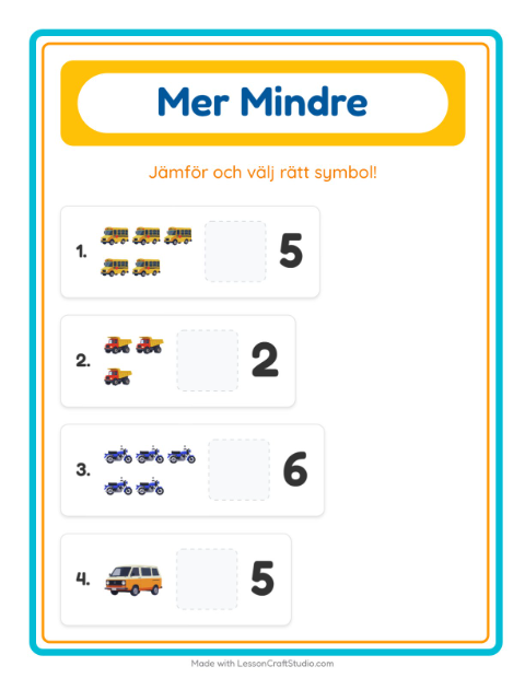 Förhandsvisning av Mer Eller Mindre-arbetsblad med Fordon för Förskola
