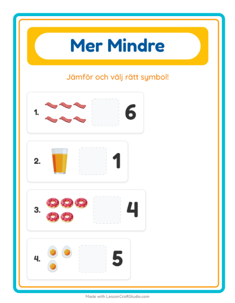 Förhandsvisning av Mer Eller Mindre-arbetsblad med Frukost för Förskola