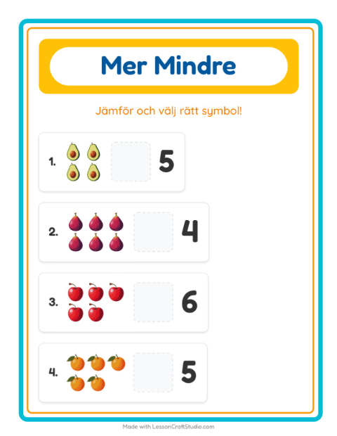 Förhandsvisning av Mer Eller Mindre-arbetsblad med Frukter för Förskola