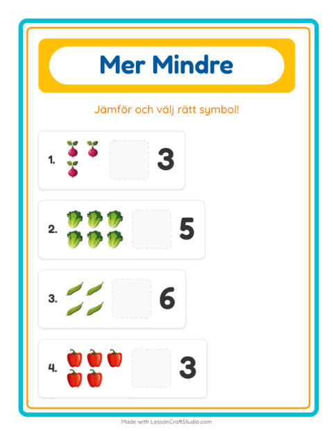 Förhandsvisning av Mer Eller Mindre-arbetsblad med Grönsaker för Förskola