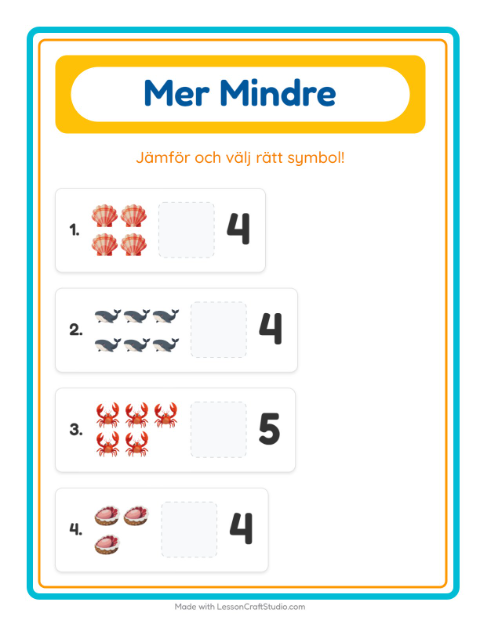 Förhandsvisning av Mer Eller Mindre-arbetsblad med Havsliv för Förskola