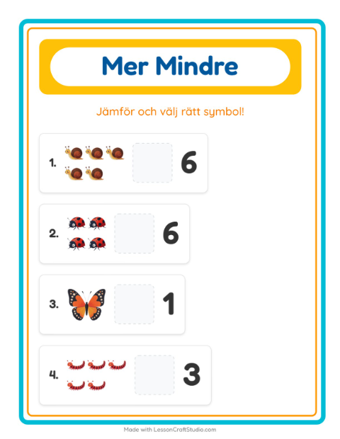 Förhandsvisning av Mer Eller Mindre-arbetsblad med Insekter och kryp för Förskola