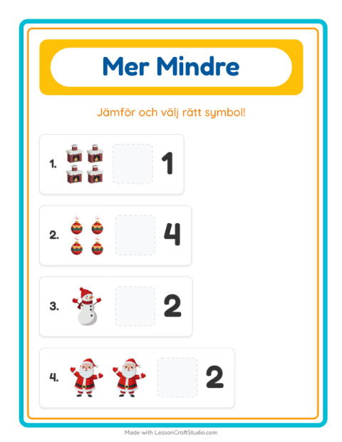 Förhandsvisning av Mer Eller Mindre-arbetsblad med Jul för Förskola