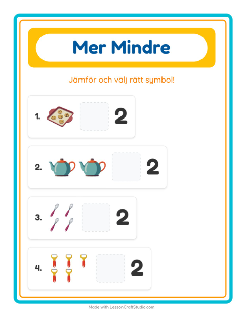 Förhandsvisning av Mer Eller Mindre-arbetsblad med Köksredskap för Förskola