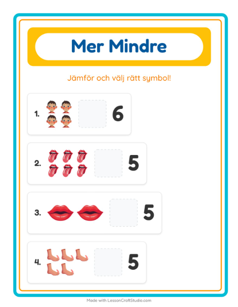 Förhandsvisning av Mer Eller Mindre-arbetsblad med Kroppsdelar för Förskola