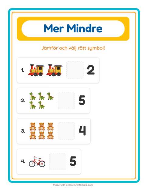 Förhandsvisning av Mer Eller Mindre-arbetsblad med Leksaker för Förskola