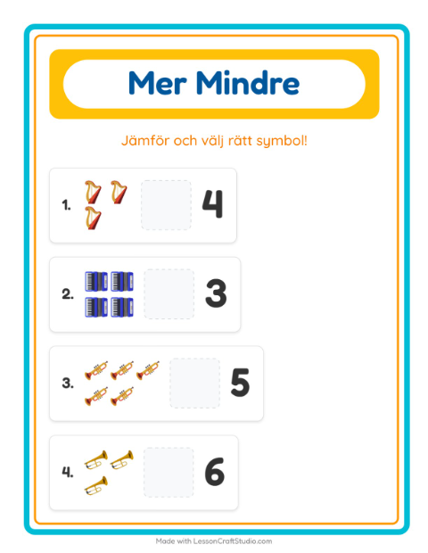Förhandsvisning av Mer Eller Mindre-arbetsblad med Musik för Förskola