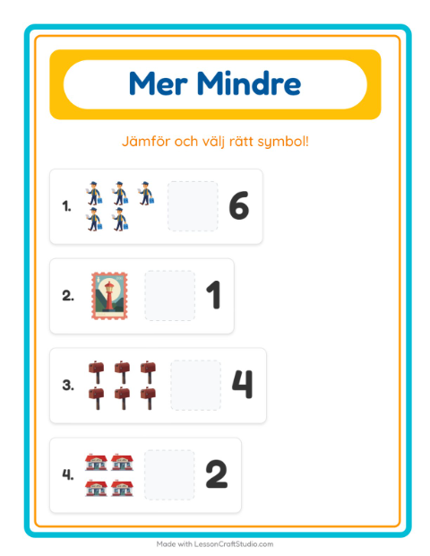Förhandsvisning av Mer Eller Mindre-arbetsblad med Postkontor för Förskola
