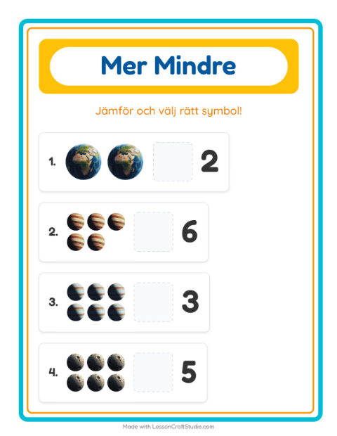 Förhandsvisning av Mer Eller Mindre-arbetsblad med Rymden för Förskola