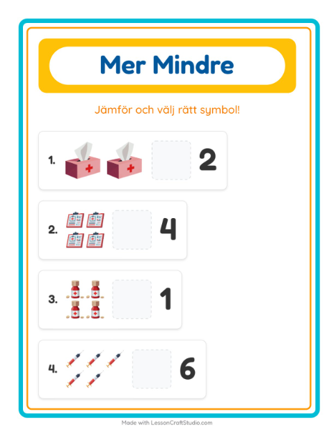 Förhandsvisning av Mer Eller Mindre-arbetsblad med Sjukhus för Förskola