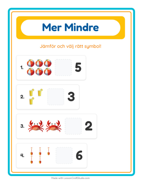 Förhandsvisning av Mer Eller Mindre-arbetsblad med Sommar för Förskola