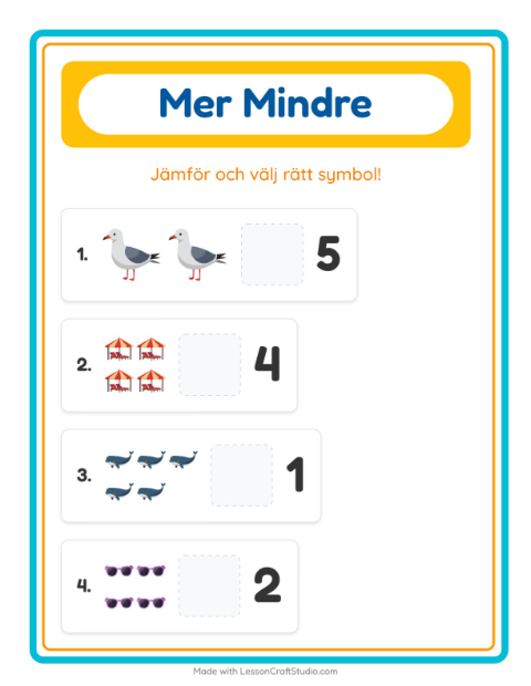 Förhandsvisning av Mer Eller Mindre-arbetsblad med Strand för Förskola