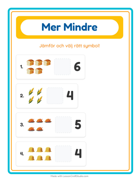 Förhandsvisning av Mer Eller Mindre-arbetsblad med Thanksgiving för Förskola