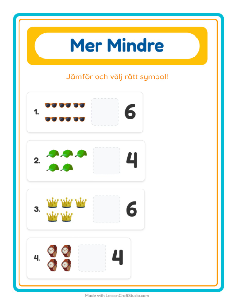 Förhandsvisning av Mer Eller Mindre-arbetsblad med Tillbehör för Förskola