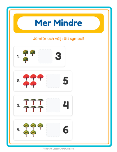 Förhandsvisning av Mer Eller Mindre-arbetsblad med Träd för Förskola