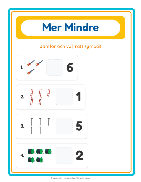 Förhandsvisning av Mer Eller Mindre-arbetsblad med Verktyg för Förskola