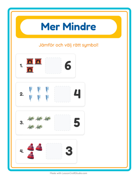 Förhandsvisning av Mer Eller Mindre-arbetsblad med Vinter för Förskola