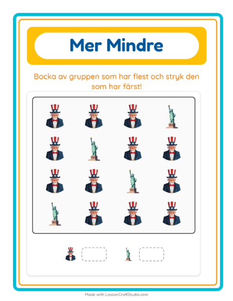 Förhandsvisning av Mer Eller Mindre-arbetsblad med 4 juli för Förskola