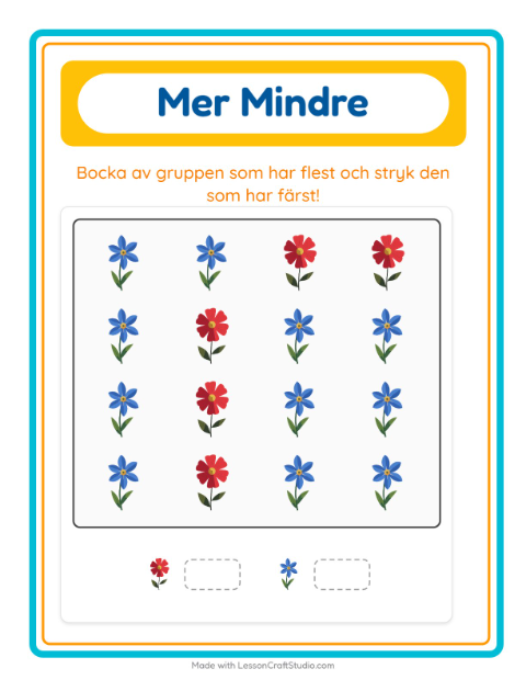 Förhandsvisning av Mer Eller Mindre-arbetsblad med Blommor för Förskola