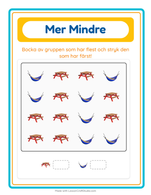 Förhandsvisning av Mer Eller Mindre-arbetsblad med Camping för Förskola