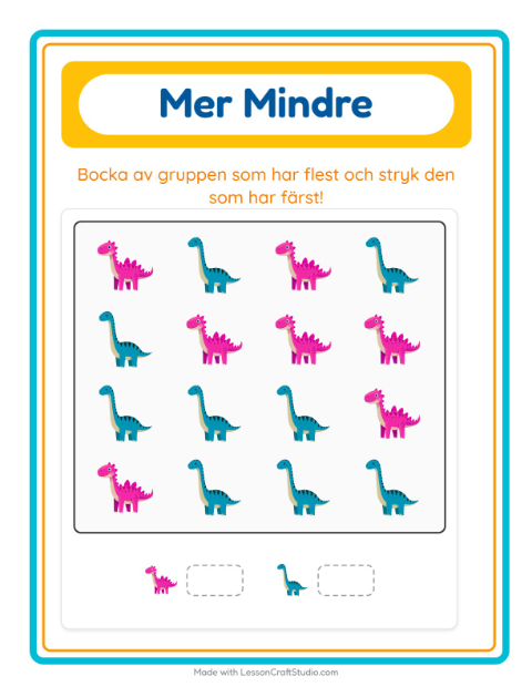 Förhandsvisning av Mer Eller Mindre-arbetsblad med Dinosaurier för Förskola