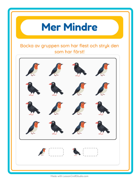 Förhandsvisning av Mer Eller Mindre-arbetsblad med Fåglar 2 för Förskola