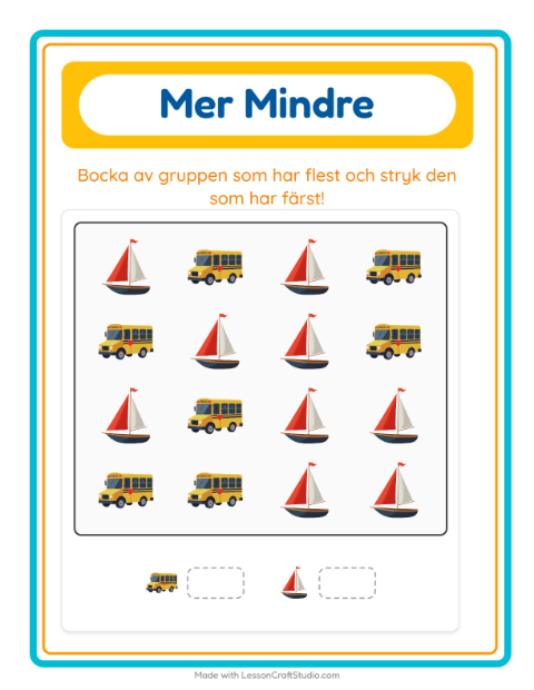 Förhandsvisning av Fler eller färre med fordon – arbetsblad för förskolan