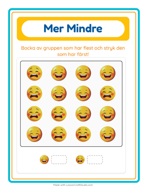 Förhandsvisning av Mer Eller Mindre-arbetsblad med Känslor för Förskola