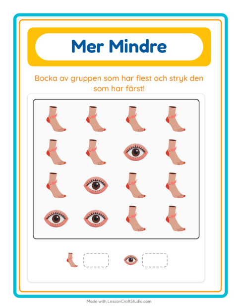 Förhandsvisning av Mer Eller Mindre-arbetsblad med Kroppsdelar för Förskola