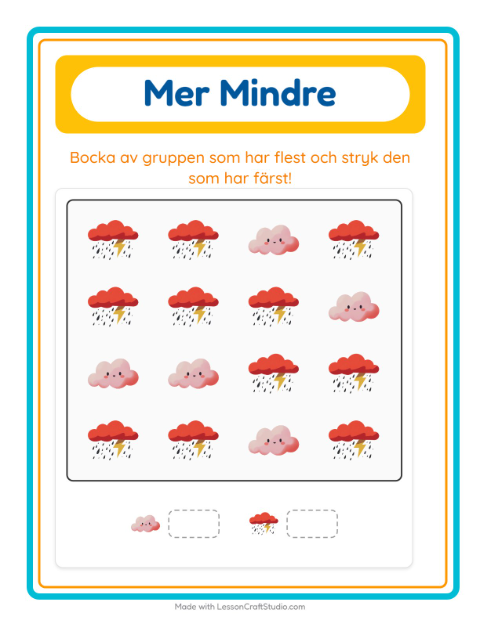Förhandsvisning av Mer Eller Mindre-arbetsblad med Väder för Förskola