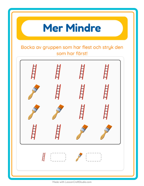 Förhandsvisning av Mer Eller Mindre-arbetsblad med Verktyg för Förskola