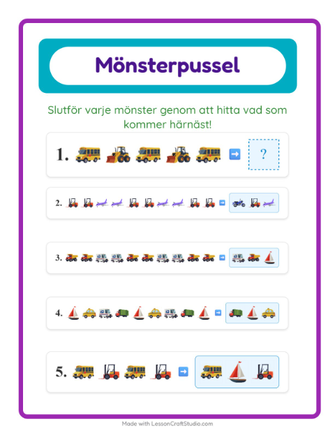 Förhandsvisning av Mönster med fordon – arbetsblad för förskolan