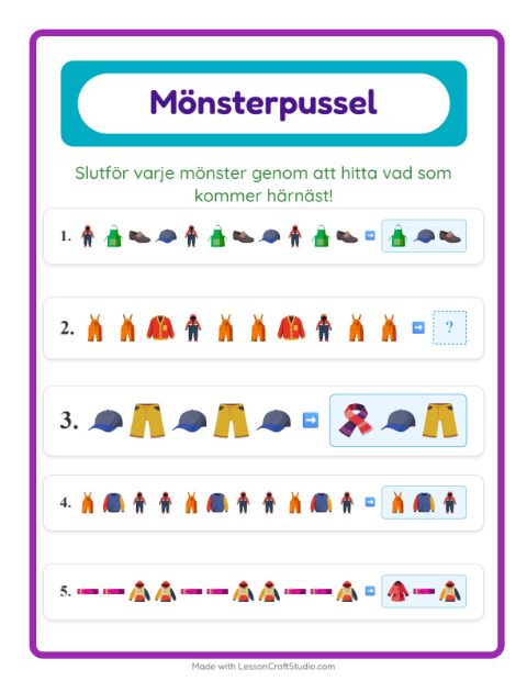 Förhandsvisning av Mönsterblad-arbetsblad med Kläder för Årskurs 1
