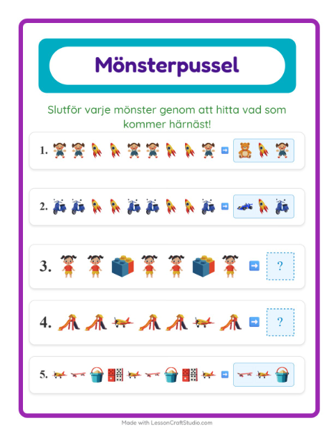 Förhandsvisning av Mönster med leksaker – arbetsblad för förskolan