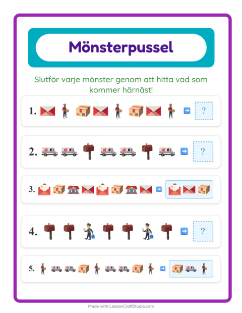 Förhandsvisning av Mönsterblad-arbetsblad med Postkontor för Årskurs 1