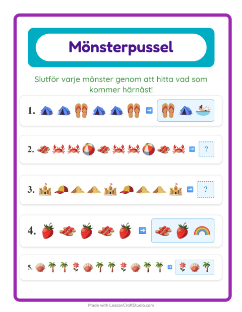 Förhandsvisning av Mönsterblad-arbetsblad med Sommar för Årskurs 1