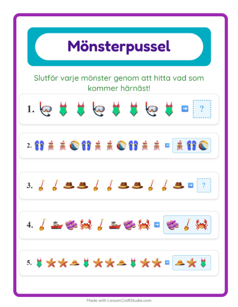 Förhandsvisning av Mönsterblad-arbetsblad med Strand för Årskurs 1