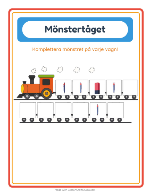 Förhandsvisning av Mönstertåg (AAB-mönster) med pennor – arbetsblad för förskolan