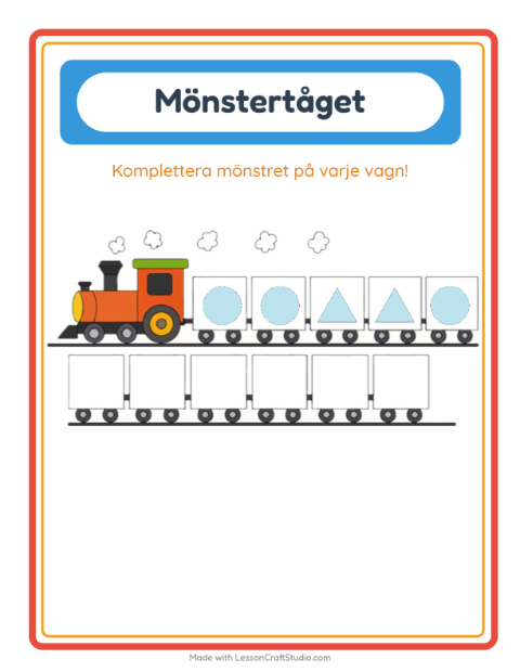 Förhandsvisning av Mönstertåg (AABB-mönster) med former – arbetsblad för förskolan