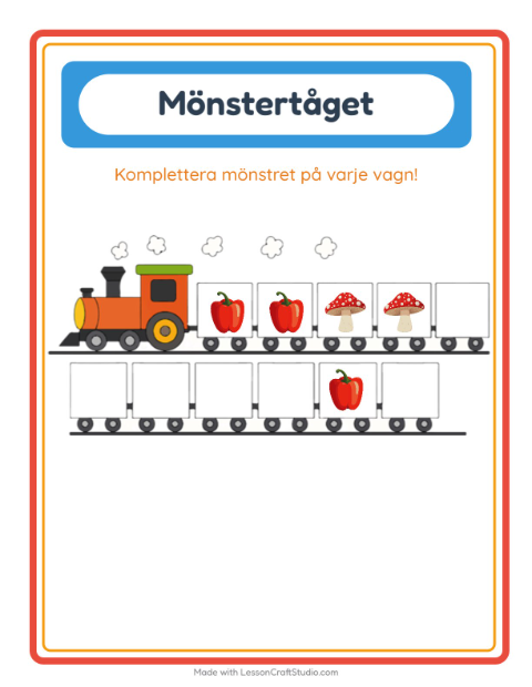 Förhandsvisning av Mönstertåget-arbetsblad med Grönsaker för Förskoleklass