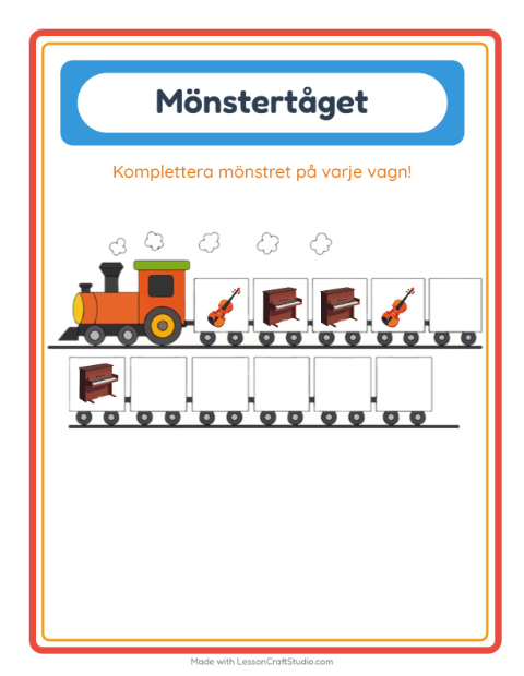 Förhandsvisning av Mönstertåget-arbetsblad med Aktiviteter för Förskoleklass