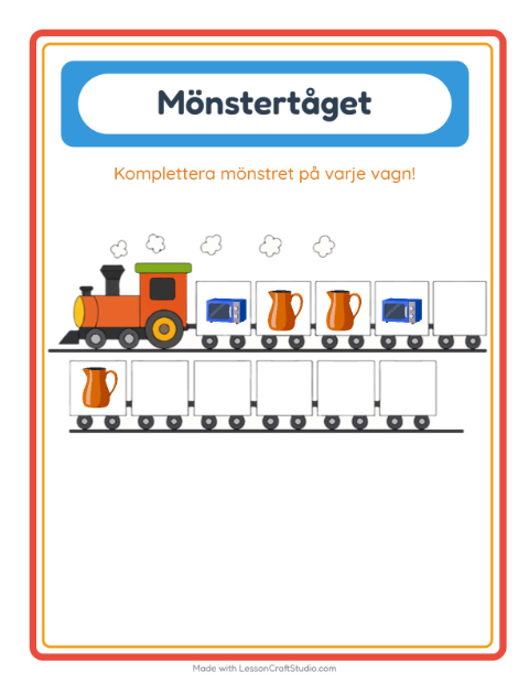 Förhandsvisning av Mönstertåg (ABB-mönster) med redskap – arbetsblad för förskolan