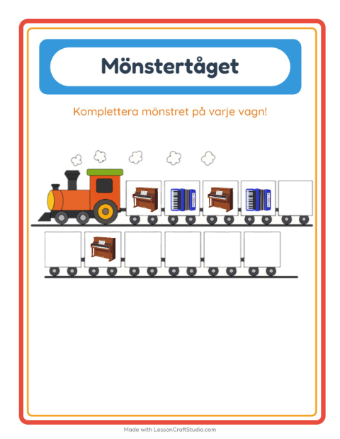 Förhandsvisning av Mönstertåg (AB-mönster) med instrument – arbetsblad för förskolan