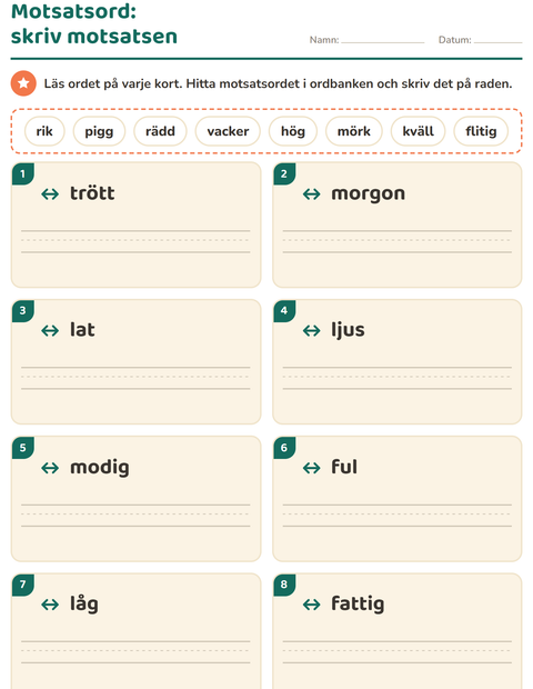 Förhandsvisning av Motsatsord-arbetsblad för Årskurs 1