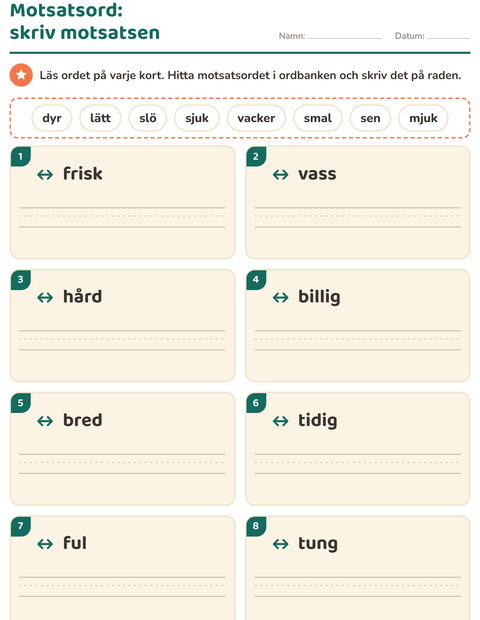 Förhandsvisning av Motsatsord-arbetsblad för Årskurs 1