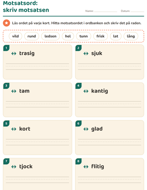 Förhandsvisning av Motsatsord-arbetsblad för Årskurs 1