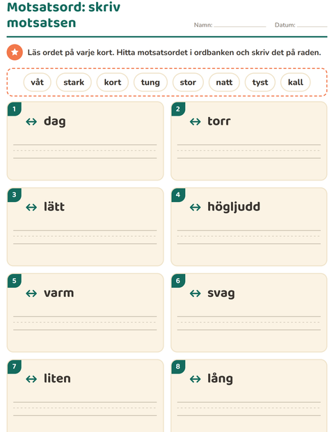 Motsatsord – skriv motsatsen från ordbanken