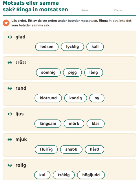 Förhandsvisning av Motsatsord-arbetsblad för Årskurs 1