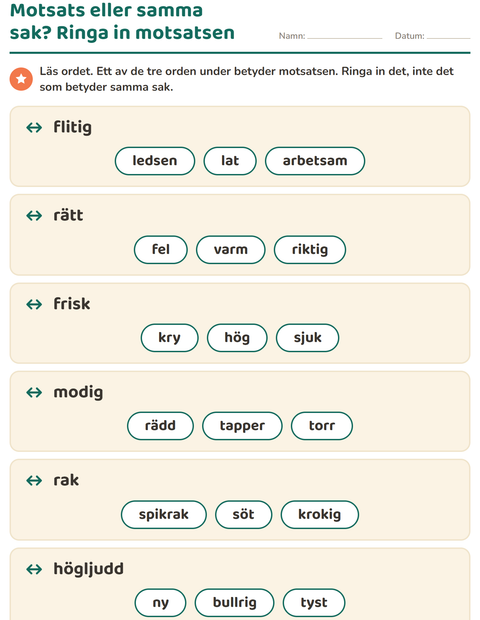 Förhandsvisning av Motsatsord-arbetsblad för Årskurs 1