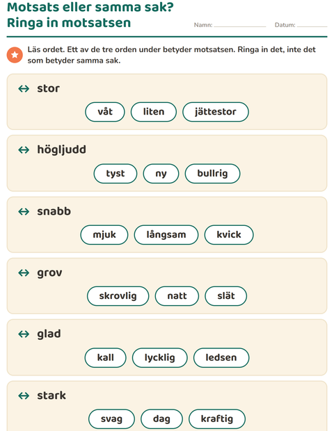 Motsats eller samma sak? – ringa in motsatsen, inte synonymen